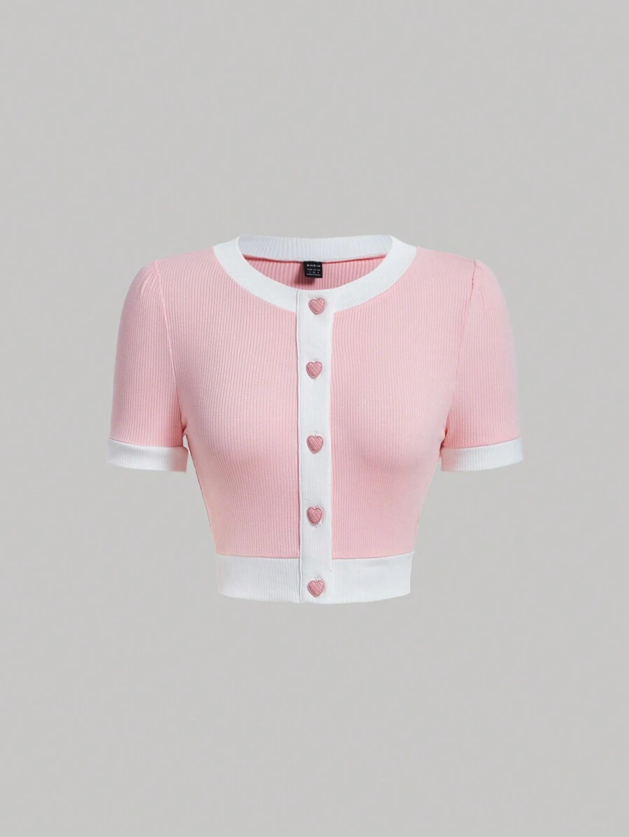 SHEIN MOD Camiseta ribete en contraste con botón delantero - Rosa Pálido - Ver 1