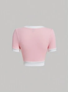 SHEIN MOD Camiseta ribete en contraste con botón delantero - Rosa Pálido - Ver 2
