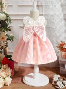 SHEIN Baby Floral Print Bow Front Shirred Mesh Overlay Dress - Pink - View 1