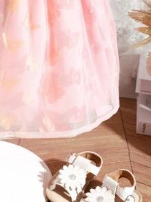 SHEIN Baby Floral Print Bow Front Shirred Mesh Overlay Dress - Pink - View 5