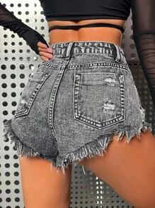 SHEIN ICON Quần short denim nữ Nút Túi Hem thô Bị tách Dây kéo màu trơn - Xám - Xem 2