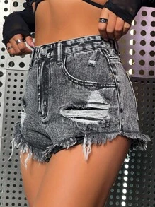 SHEIN ICON Quần short denim nữ Nút Túi Hem thô Bị tách Dây kéo màu trơn - Xám - Xem 1