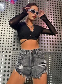 SHEIN ICON Quần short denim nữ Nút Túi Hem thô Bị tách Dây kéo màu trơn - Xám - Xem 5