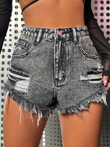 SHEIN ICON Quần short denim nữ Nút Túi Hem thô Bị tách Dây kéo màu trơn - Xám - Xem 4