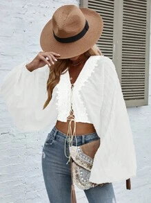 SHEIN VCAY Lace Up Front Lantern Sleeve Blouse - White - View 1
