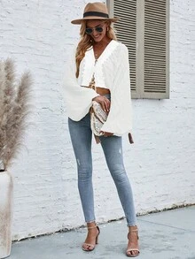 SHEIN VCAY Lace Up Front Lantern Sleeve Blouse - White - View 3