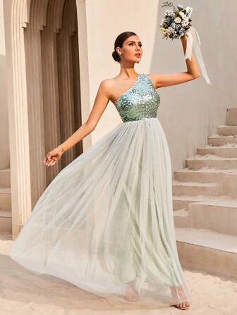 亮片拼接單肩網紗覆蓋下擺連衣裙