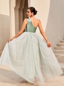 LOVE&LEMONADE 亮片拼接單肩網紗覆蓋下擺連衣裙 - 薄荷綠 - 查看 2