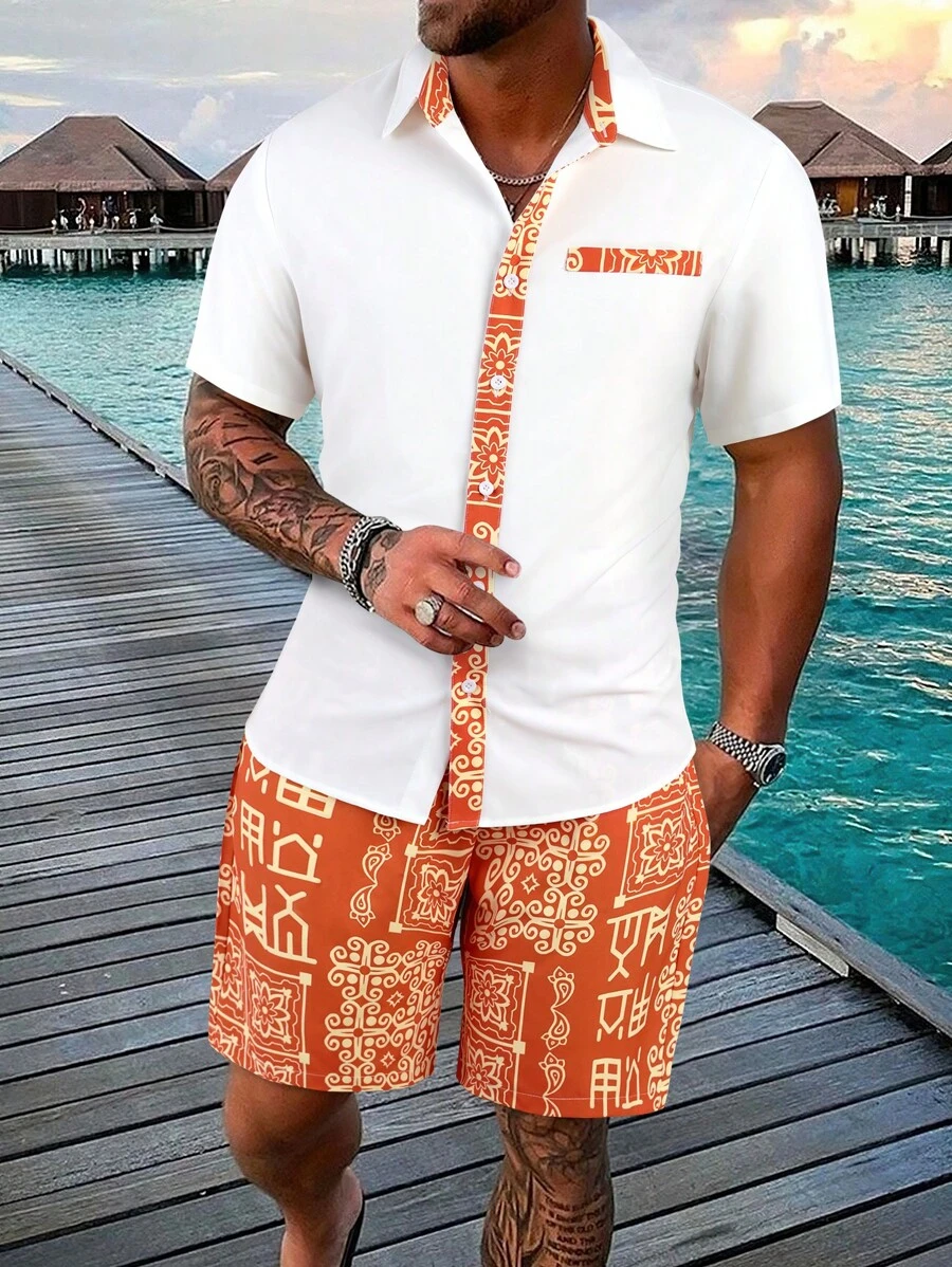 Manfinity RSRT Men Random Geo Print Shirt & Drawstring Waist Shorts Without Tee - Multicolor - View 1