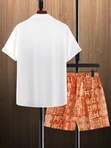 Manfinity RSRT Men Random Geo Print Shirt & Drawstring Waist Shorts Without Tee - Multicolor - View 2