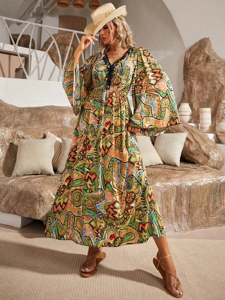 S BETRO Allover Print Trumpet Sleeve Dress - Multicolor - View 1