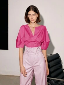 Notched Neckline Puff Sleeve Blouse - Pink - View 1