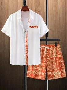 Manfinity RSRT Men Random Geo Print Shirt & Drawstring Waist Shorts Without Tee - Multicolor - View 5