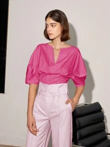 Notched Neckline Puff Sleeve Blouse - Pink - View 3