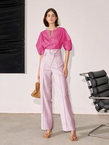 Notched Neckline Puff Sleeve Blouse - Pink - View 4