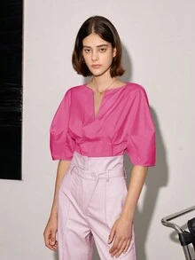 Notched Neckline Puff Sleeve Blouse - Pink - View 5