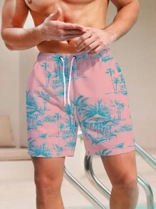 Manfinity 男士熱帶圖案腰部抽繩泳裝短褲