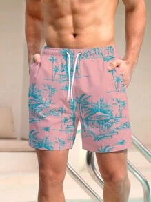 Manfinity 男士熱帶圖案腰部抽繩泳裝短褲