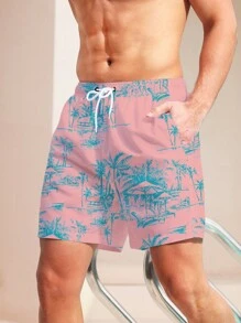 Manfinity 男士熱帶圖案腰部抽繩泳裝短褲