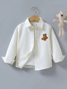 SHEIN 男童可愛刺繡小熊圖案襯衫，校園風紳士正裝襯衫，百搭素色長袖翻領上衣