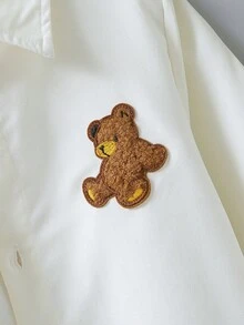 SHEIN 男童可愛刺繡小熊圖案襯衫，校園風紳士正裝襯衫，百搭素色長袖翻領上衣