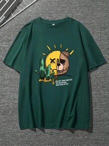 Manfinity Homme Hombres Camiseta con estampado de slogan y dibujos animados - Verde Oscuro - Ver 5