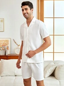 男士素色前紐扣西裝領睡衣套裝 - 白色 - 查看 1