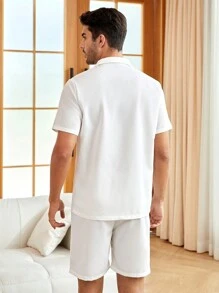 男士素色前紐扣西裝領睡衣套裝 - 白色 - 查看 2