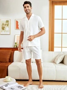 男士素色前紐扣西裝領睡衣套裝 - 白色 - 查看 4