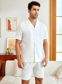 男士素色前紐扣西裝領睡衣套裝 - 白色 - 查看 5