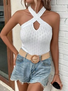 SHEIN LUNE Criss Cross Halter Top - Grey - View 5