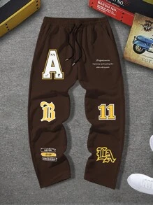 Manfinity Campus Court 男士標語圖案抽繩腰部超大運動褲 - 咖啡棕 - 查看 6