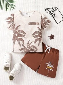 SHEIN Toddler Boys Tropical Print Tee & Shorts Set - Multicolor - View 1