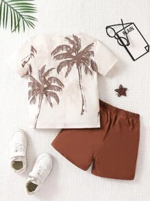 SHEIN Toddler Boys Tropical Print Tee & Shorts Set - Multicolor - View 2