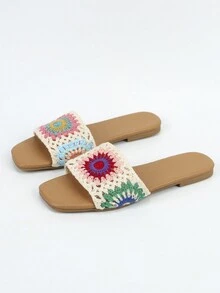 Dép đế bằng hở mũi thêu thủ công thời trang đi ngoài trời/trong nhà có quai - Màu be - Xem 3