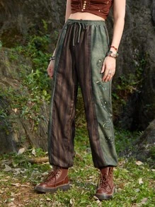 ROMWE Hippie 條紋圖案紮染腰上打結長褲 - 彩色 - 查看 1