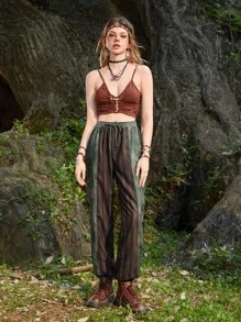 ROMWE Hippie 條紋圖案紮染腰上打結長褲 - 彩色 - 查看 4