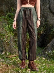 ROMWE Hippie 條紋圖案紮染腰上打結長褲 - 彩色 - 查看 6