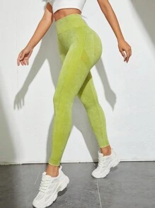 Yoga Trendy 紮染寬腰帶運動打底褲 - 青檸色 - 查看 2