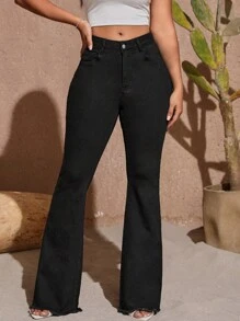 SHEIN SXY Solid Raw Hem Flare Leg Jeans - Black - View 1