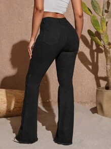 SHEIN SXY Solid Raw Hem Flare Leg Jeans - Black - View 3