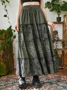 ROMWE Hippie In hoa Eo dây rút Xù Hoa Sen Váy - xanh quân đội - Xem 1