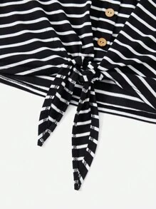 SHEIN EZwear Áo khoác và áo lót dành cho xe tăng nữ Thắt nút Nút phía trước Sọc Giải trí - màu đen - Xem 4