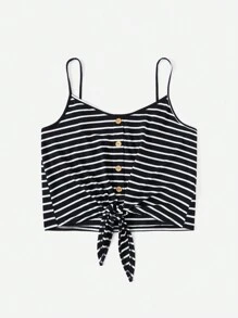 SHEIN EZwear Áo khoác và áo lót dành cho xe tăng nữ Thắt nút Nút phía trước Sọc Giải trí - màu đen - Xem 5