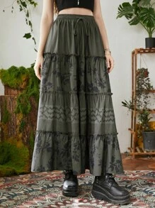 ROMWE Hippie In hoa Eo dây rút Xù Hoa Sen Váy - xanh quân đội - Xem 6