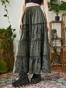 ROMWE Hippie In hoa Eo dây rút Xù Hoa Sen Váy - xanh quân đội - Xem 9