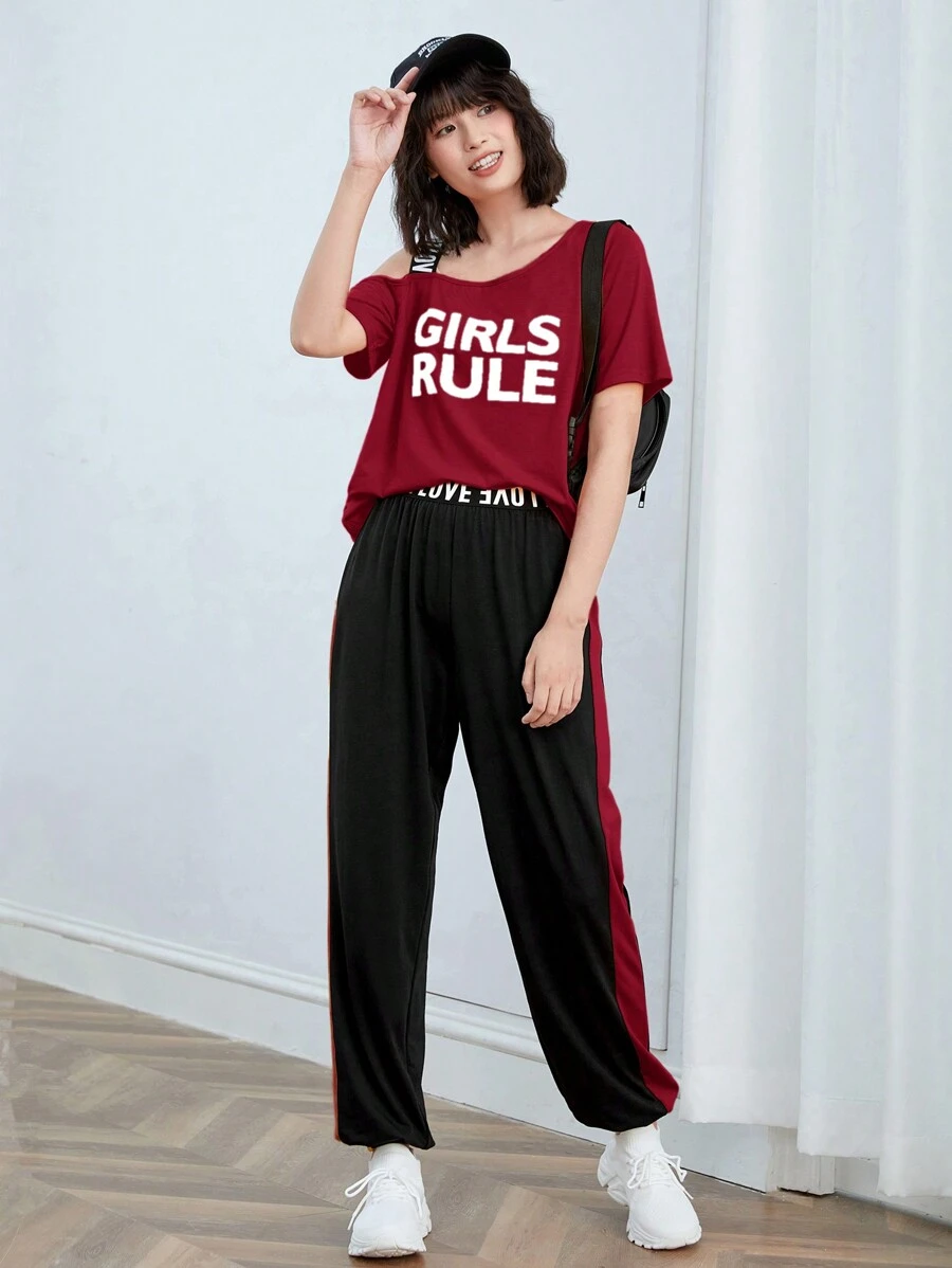Mulvari Bộ đồ hai mảnh nữ Bất đối xứng Ruy băng Sọc bên Khối Màu Lá thư Giải trí - Nhiều màu - Xem 1
