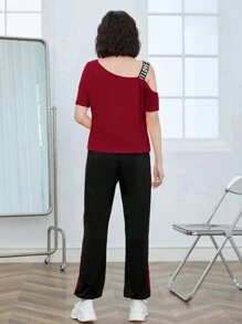 Mulvari Bộ đồ hai mảnh nữ Bất đối xứng Ruy băng Sọc bên Khối Màu Lá thư Giải trí - Nhiều màu - Xem 2