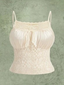 ROMWE Fairycore Áo hai dây Plus Size Tương phản ren Thắt nơ trước Nếp gấp Phần Ngực màu trơn Thanh lịch - Màu be - Xem 1