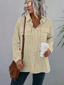 SHEIN Essnce 條紋印花翻蓋口袋落肩袖襯衫 - 杏色 - 查看 4